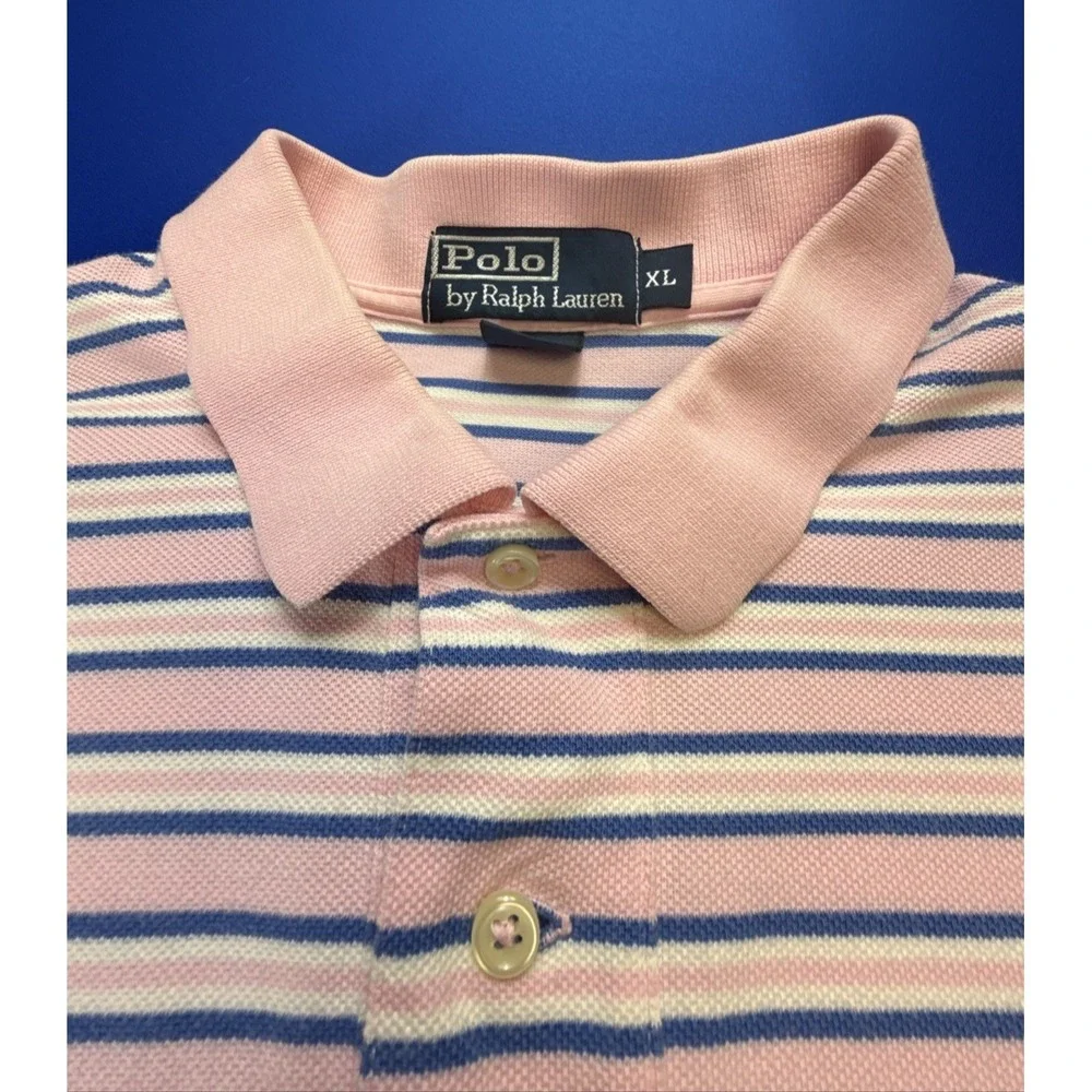 Polo Ralph Lauren Polo Shirt Men's XL Pink Blue Cotton Striped Knit Short Sleeve